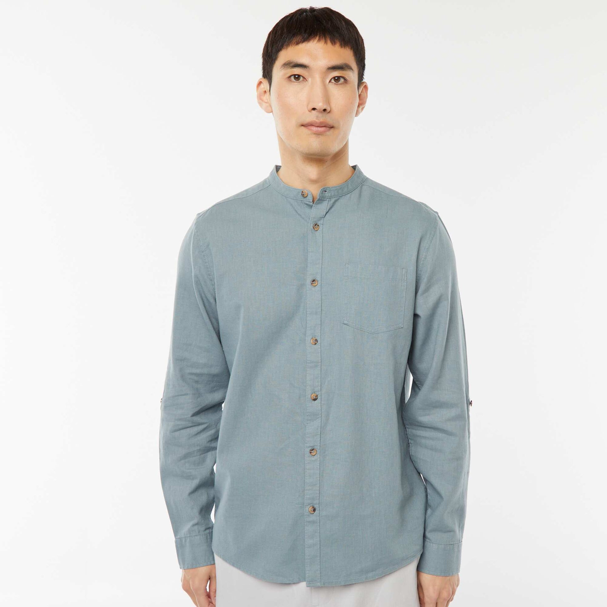 Chemise col mao avec lin BLEU