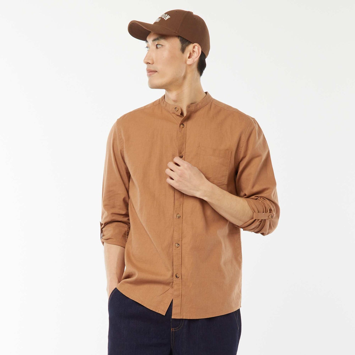 Chemise col mao avec lin MARRON