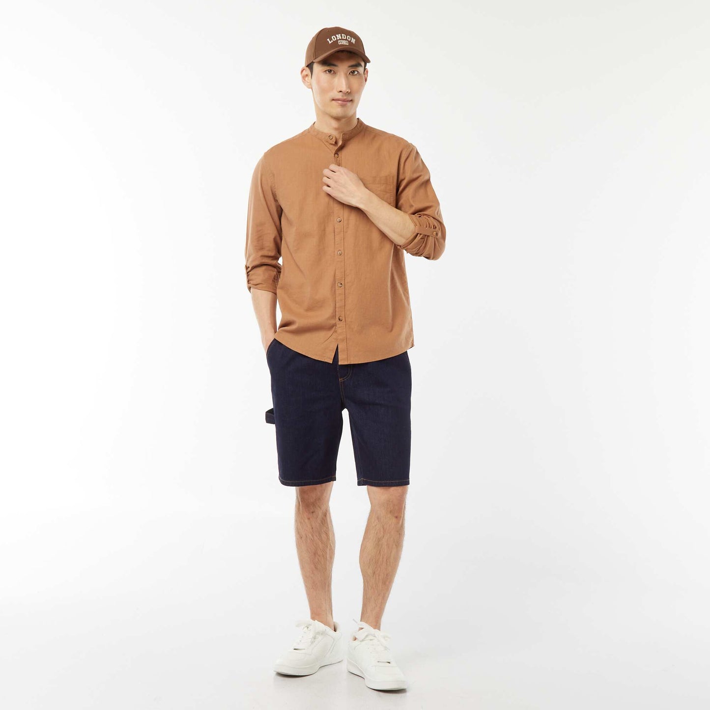 Chemise col mao avec lin MARRON