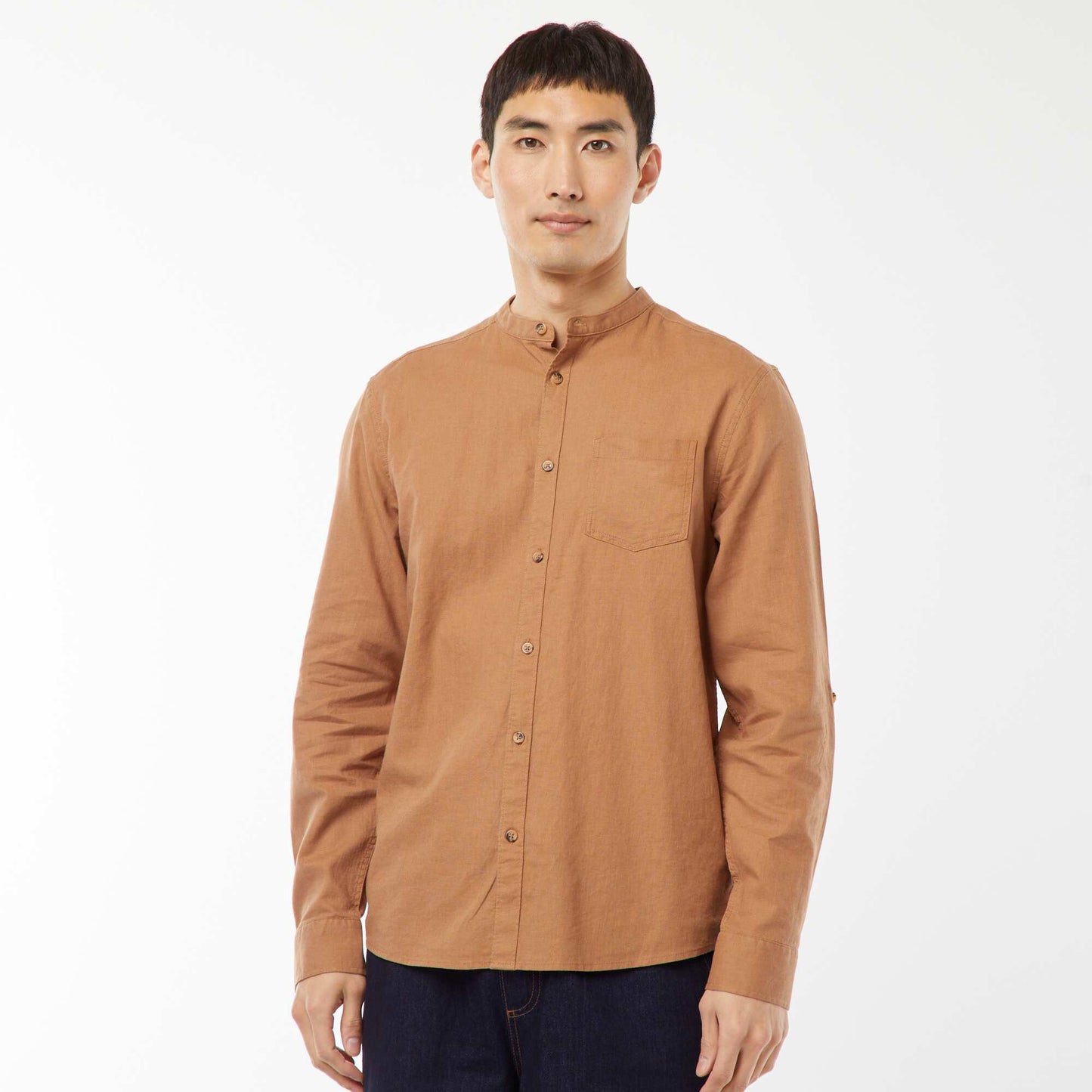 Chemise col mao avec lin MARRON