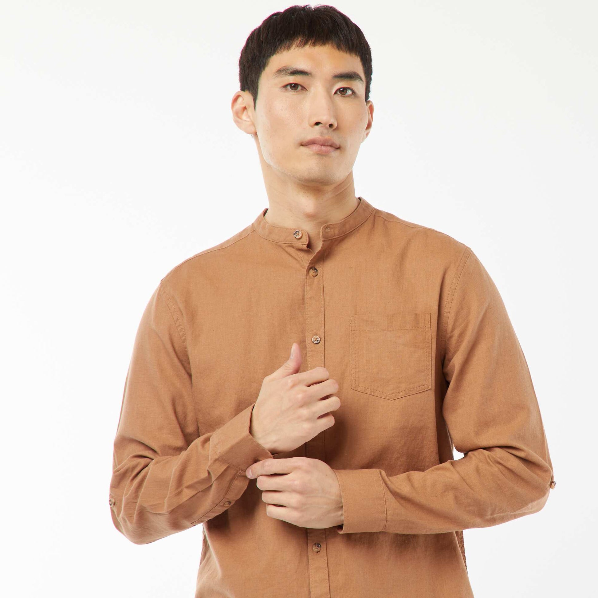 Chemise col mao avec lin MARRON