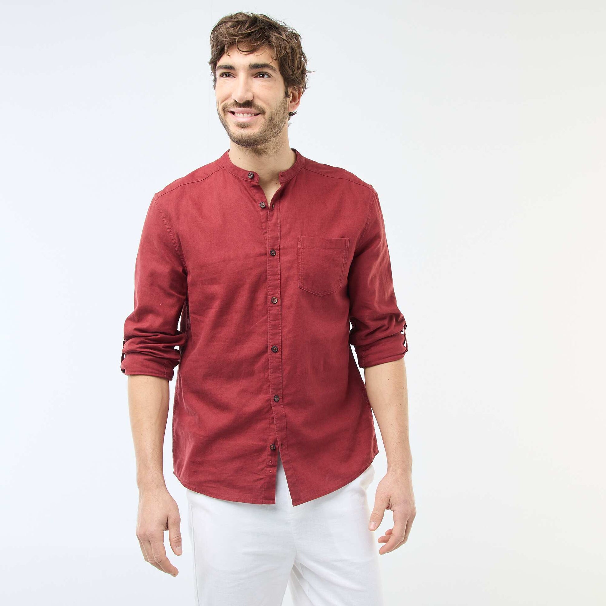 Chemise col mao avec lin ROUGE