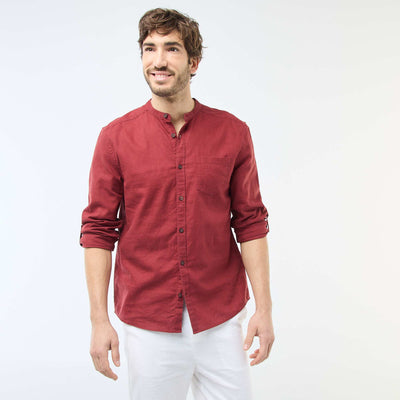 Chemise col mao avec lin ROUGE