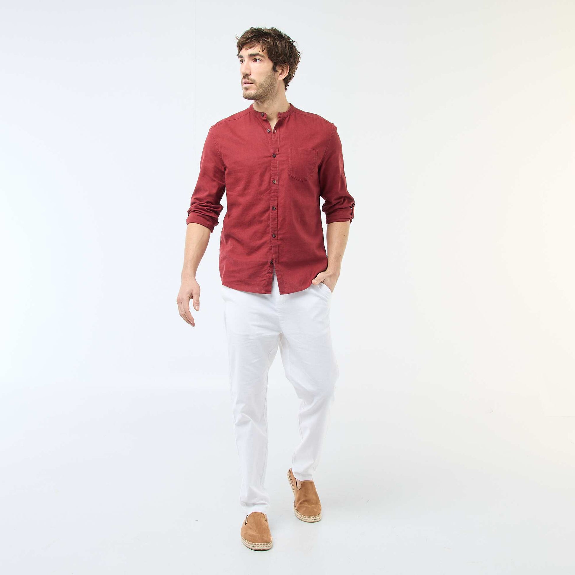 Chemise col mao avec lin ROUGE