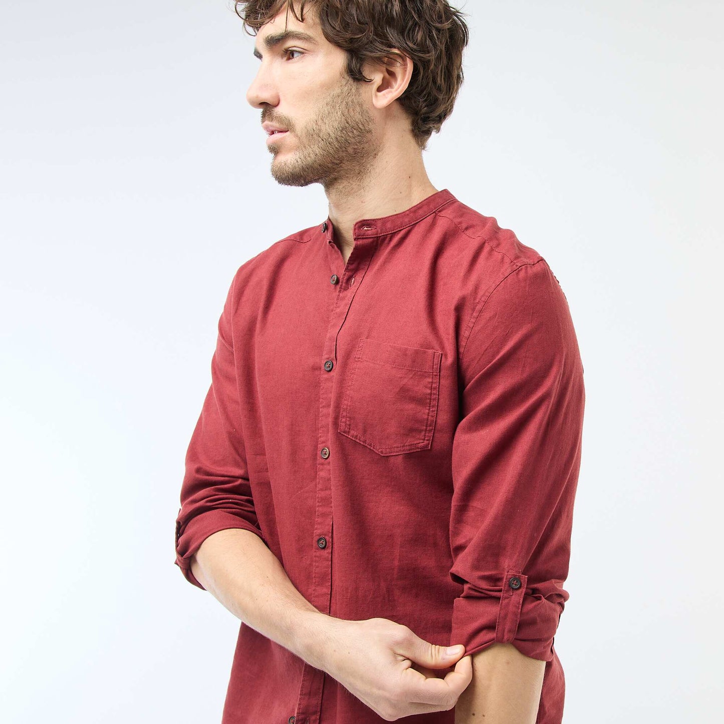 Chemise col mao avec lin ROUGE