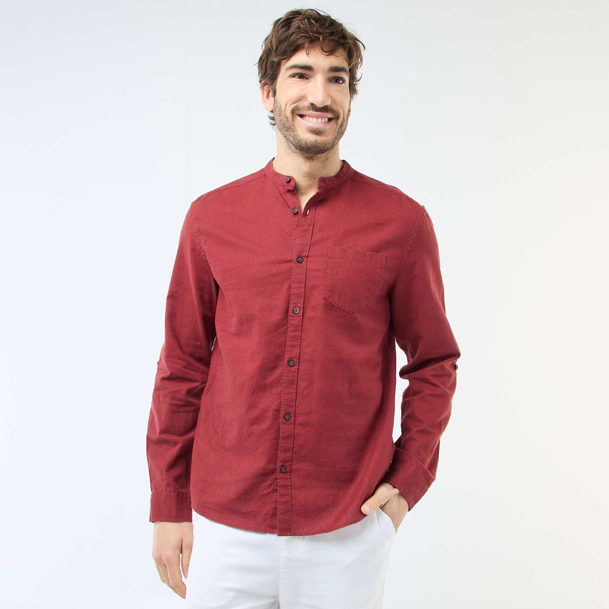 Chemise col mao avec lin ROUGE