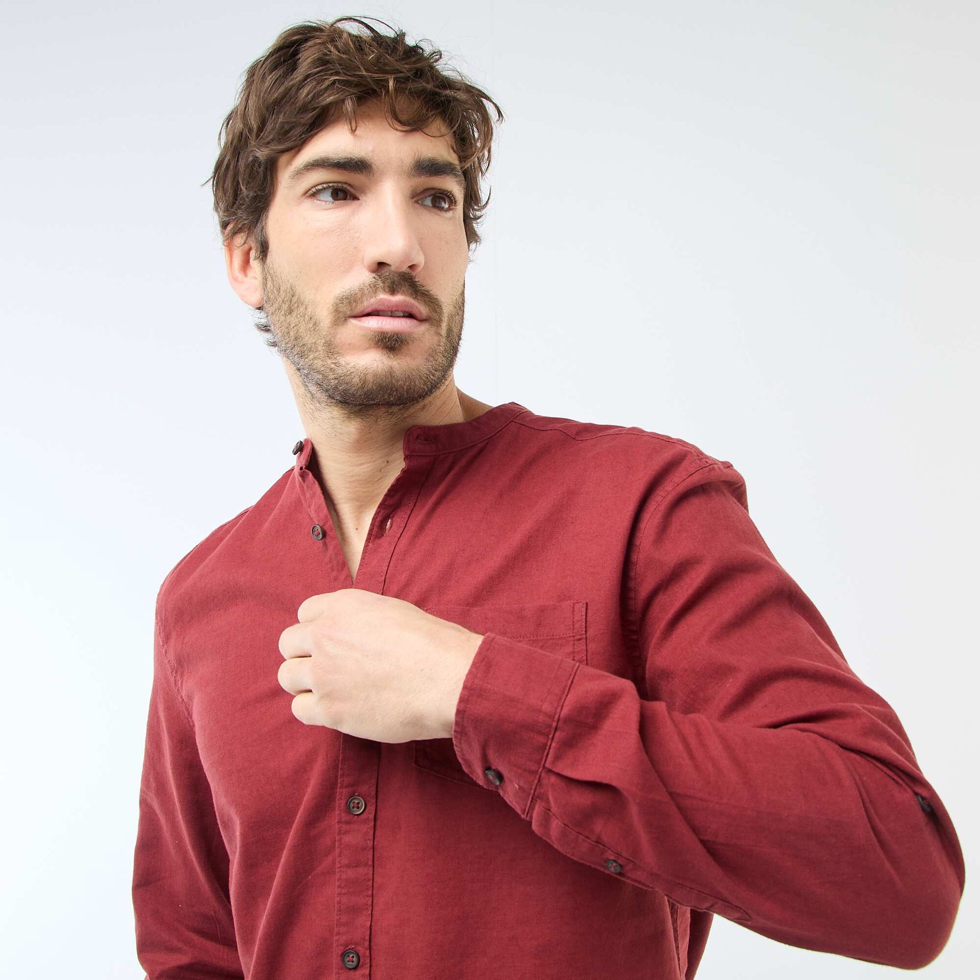Chemise col mao avec lin ROUGE