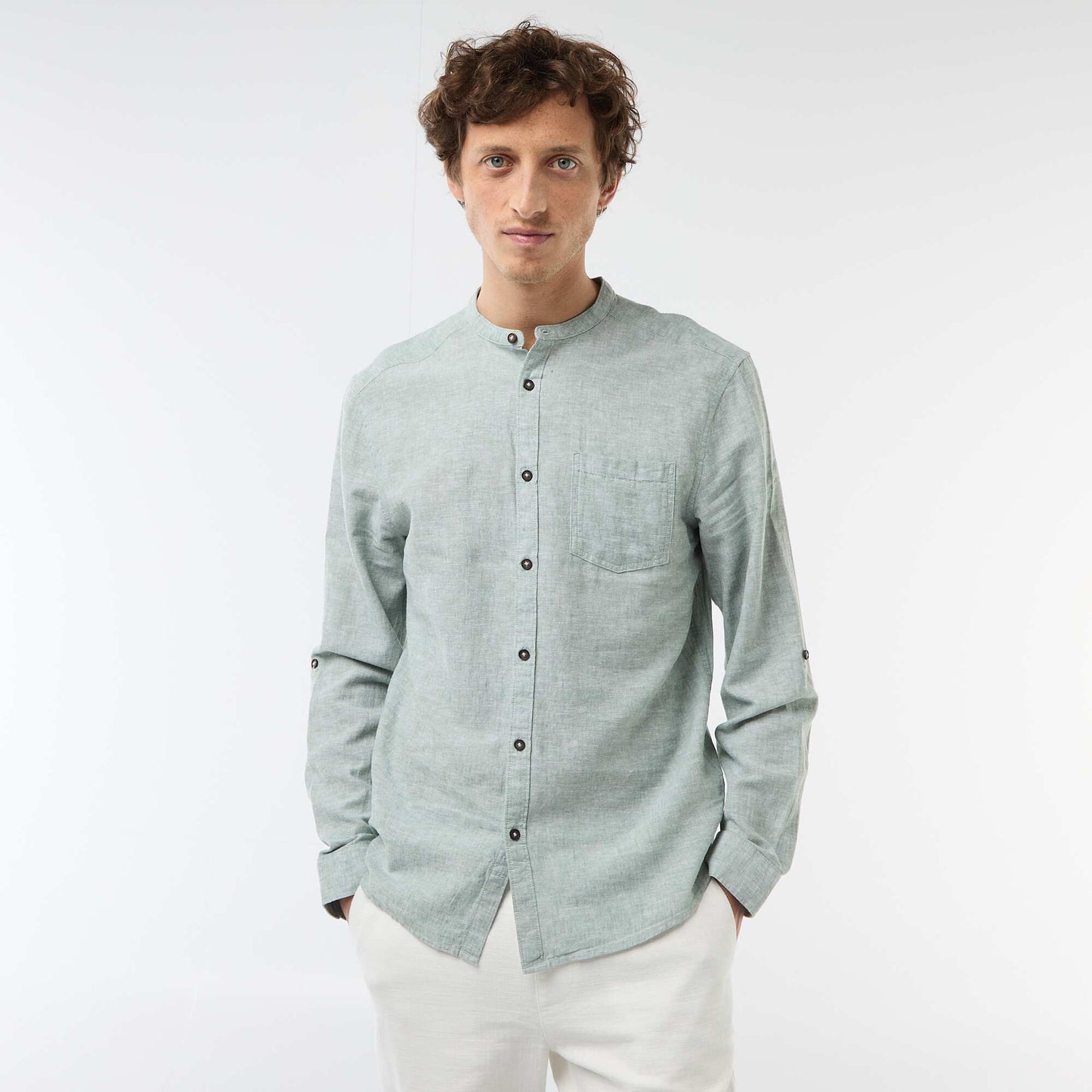 Chemise col mao avec lin VERT