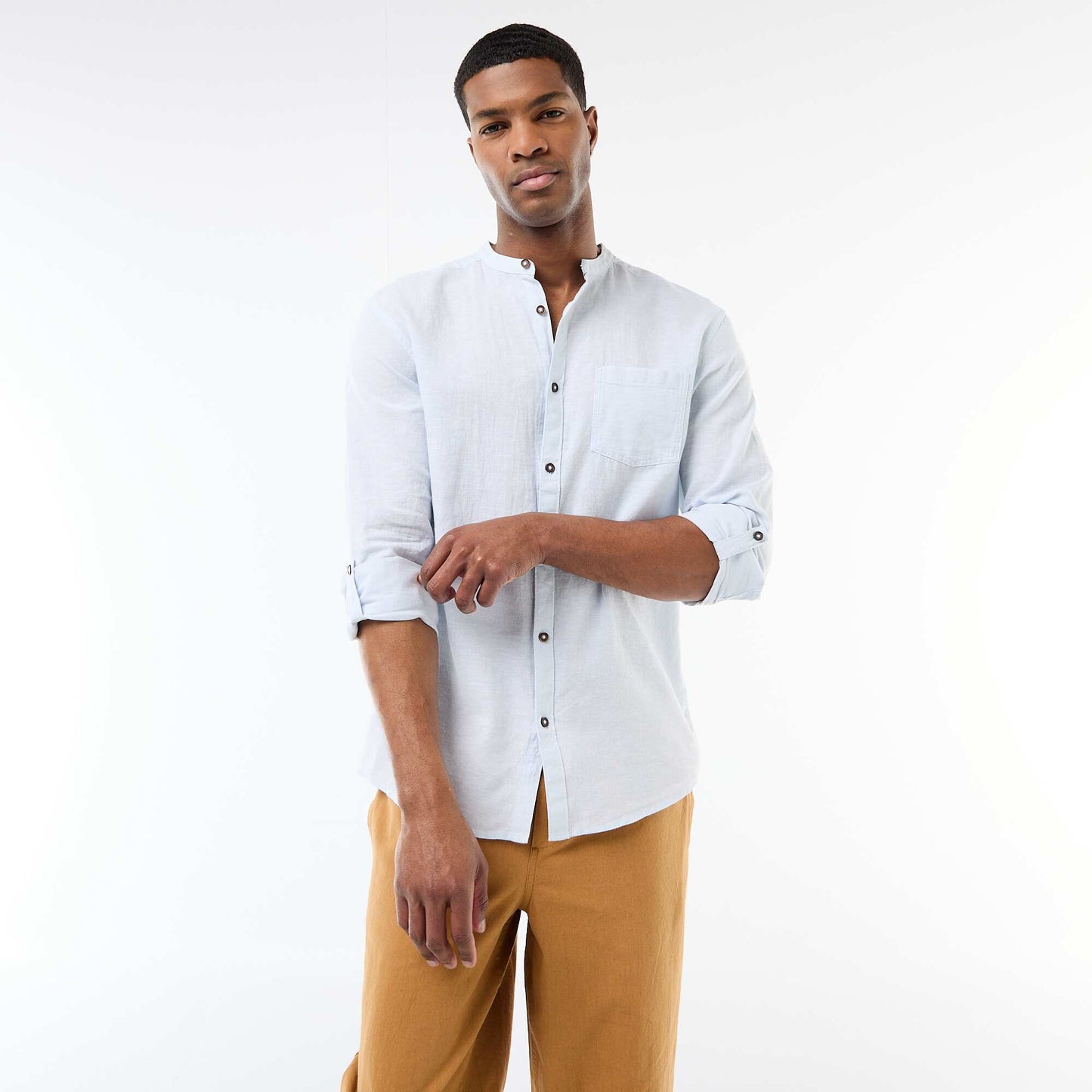 Chemise col mao avec lin BLEU