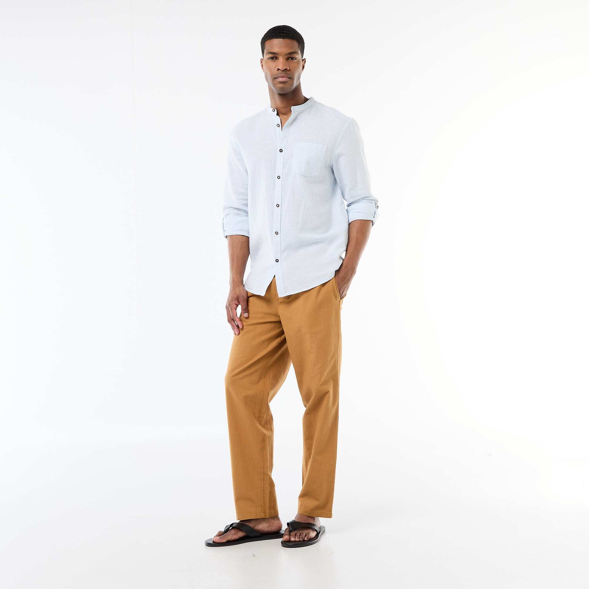 Chemise col mao avec lin BLEU