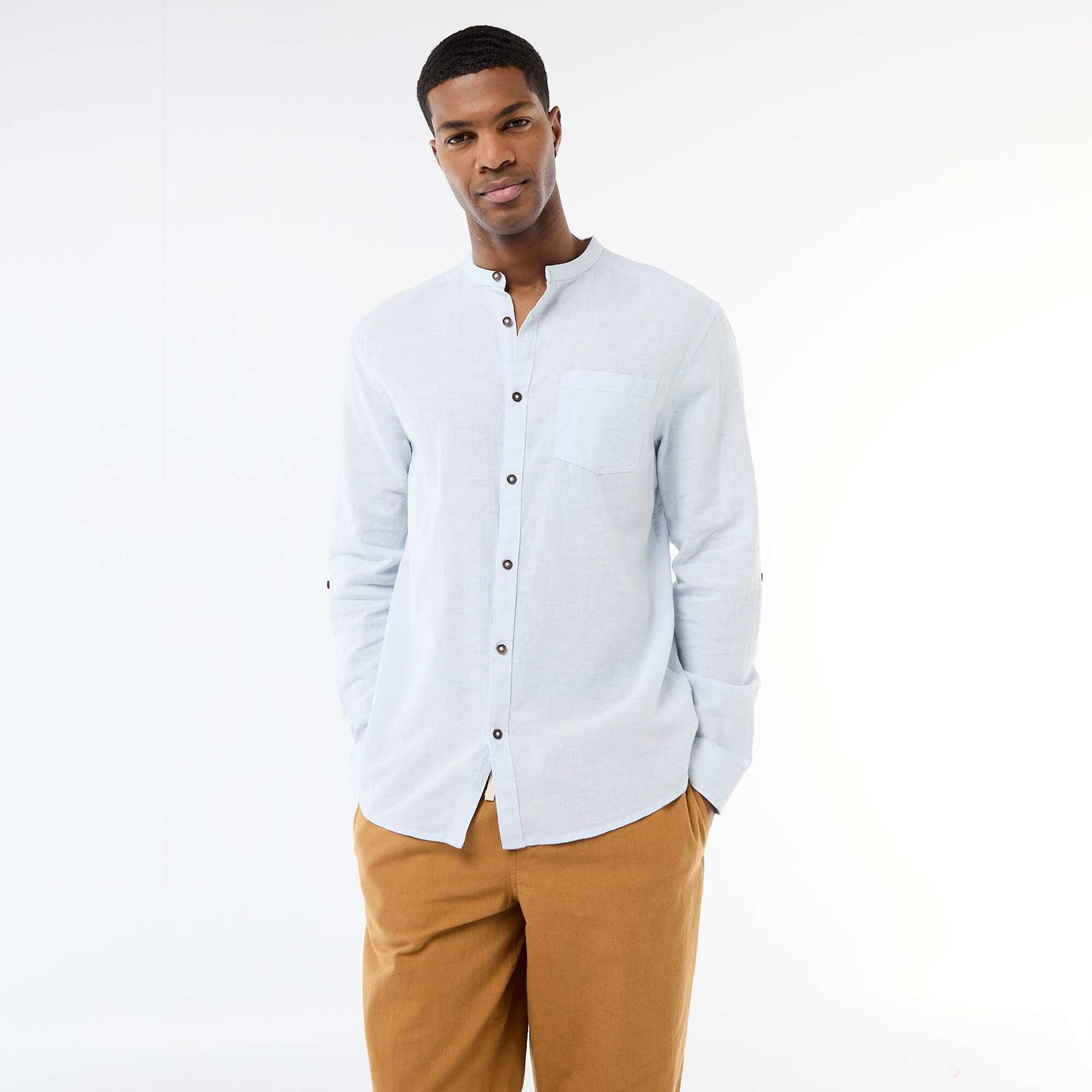 Chemise col mao avec lin BLEU