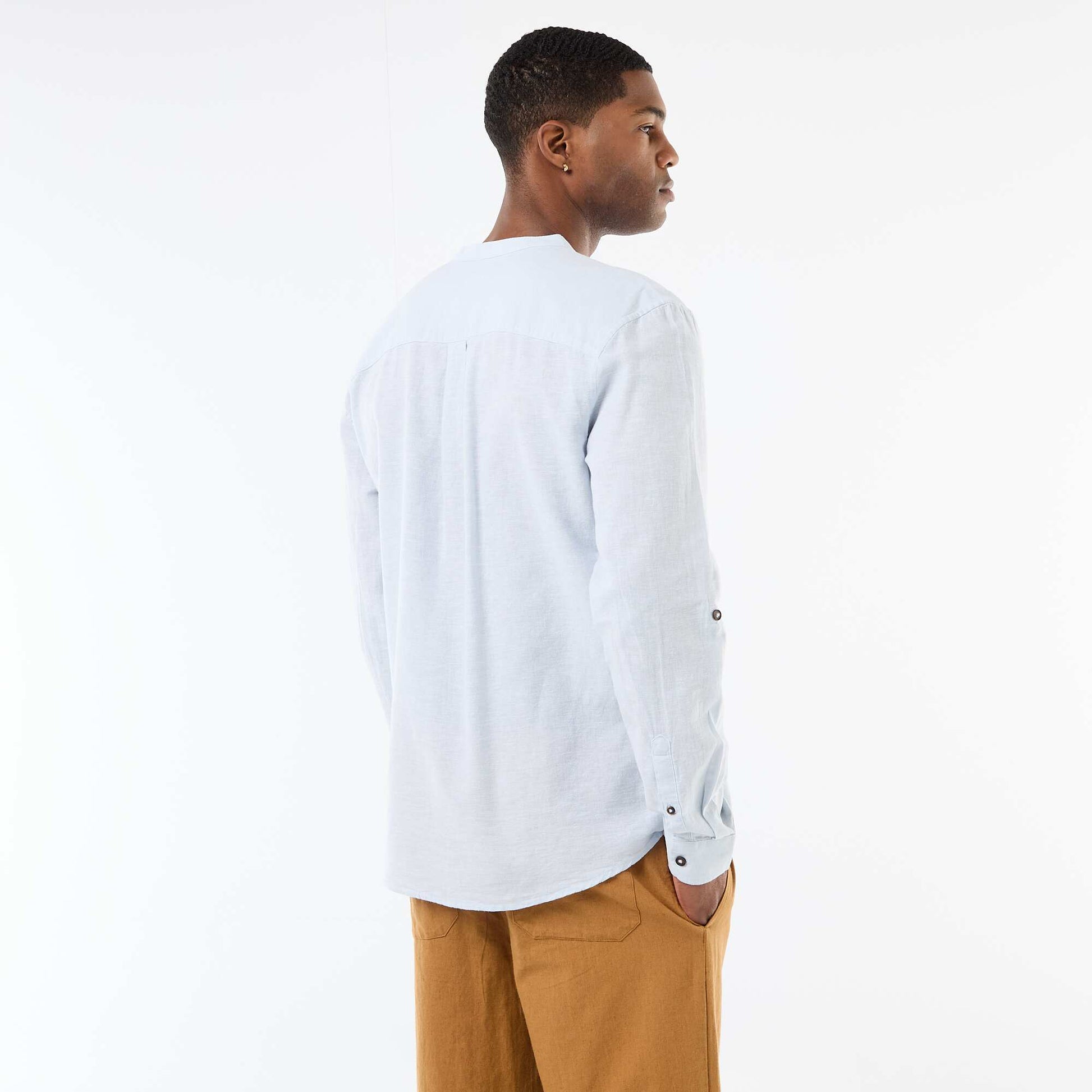 Chemise col mao avec lin BLEU