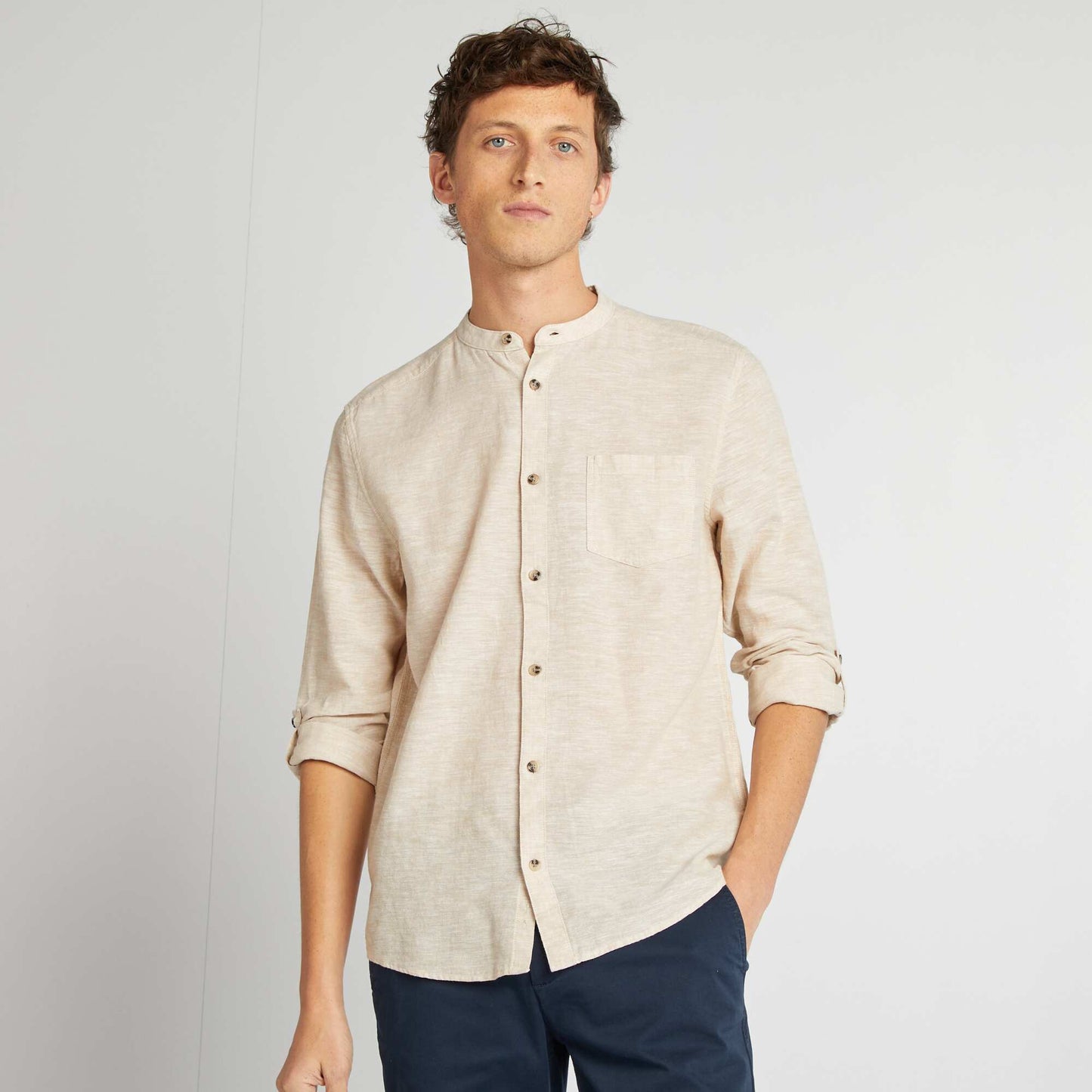 Chemise col mao avec lin BEIGE
