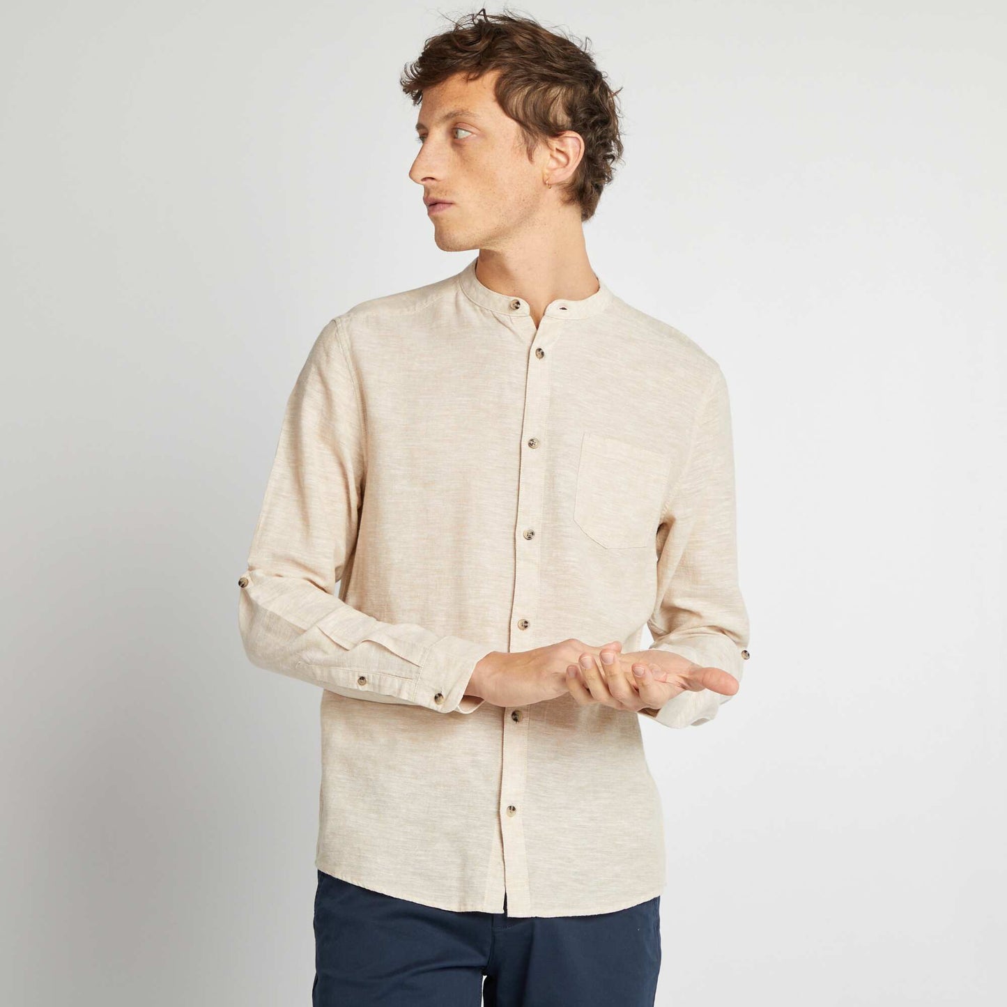 Chemise col mao avec lin BEIGE