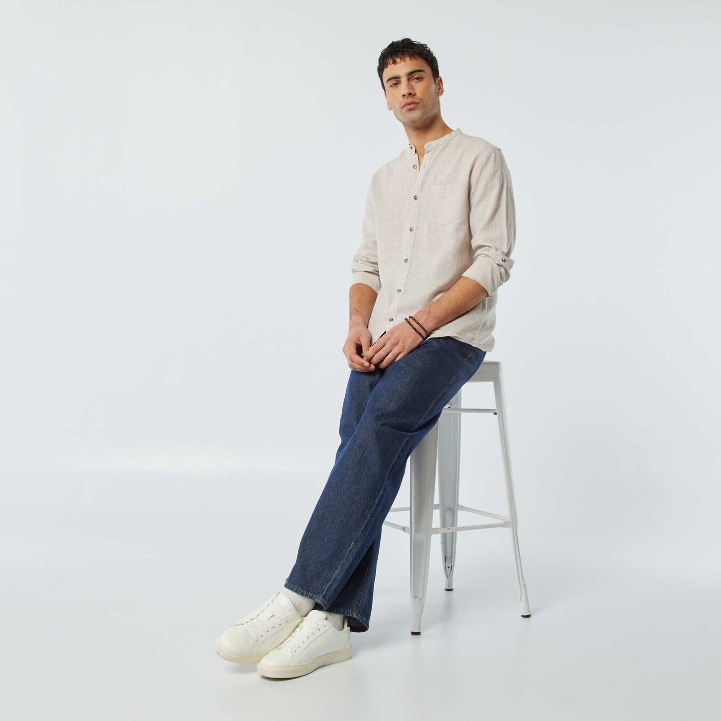 Chemise col mao avec lin BEIGE