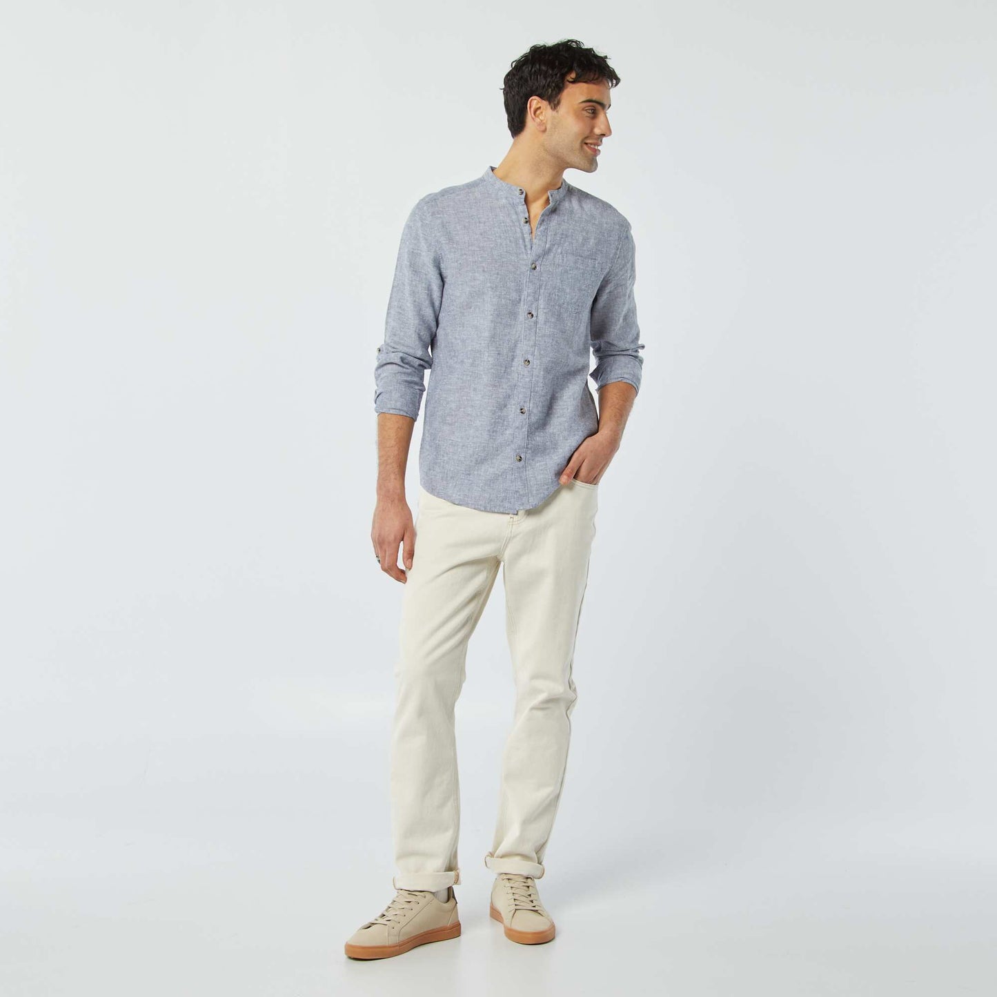 Chemise col mao avec lin BLEU GRISé