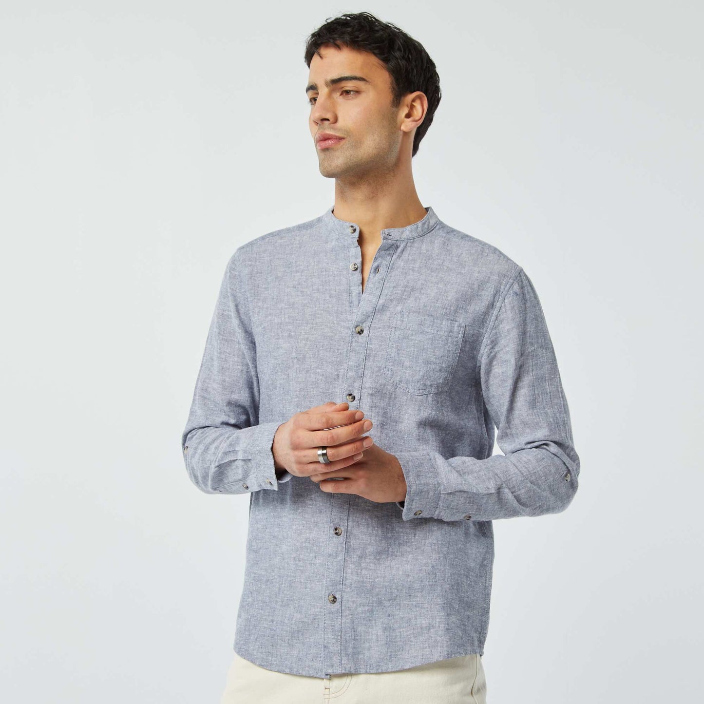 Chemise col mao avec lin BLEU GRISé