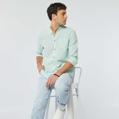 Chemise col mao avec lin BLEU CLAIR