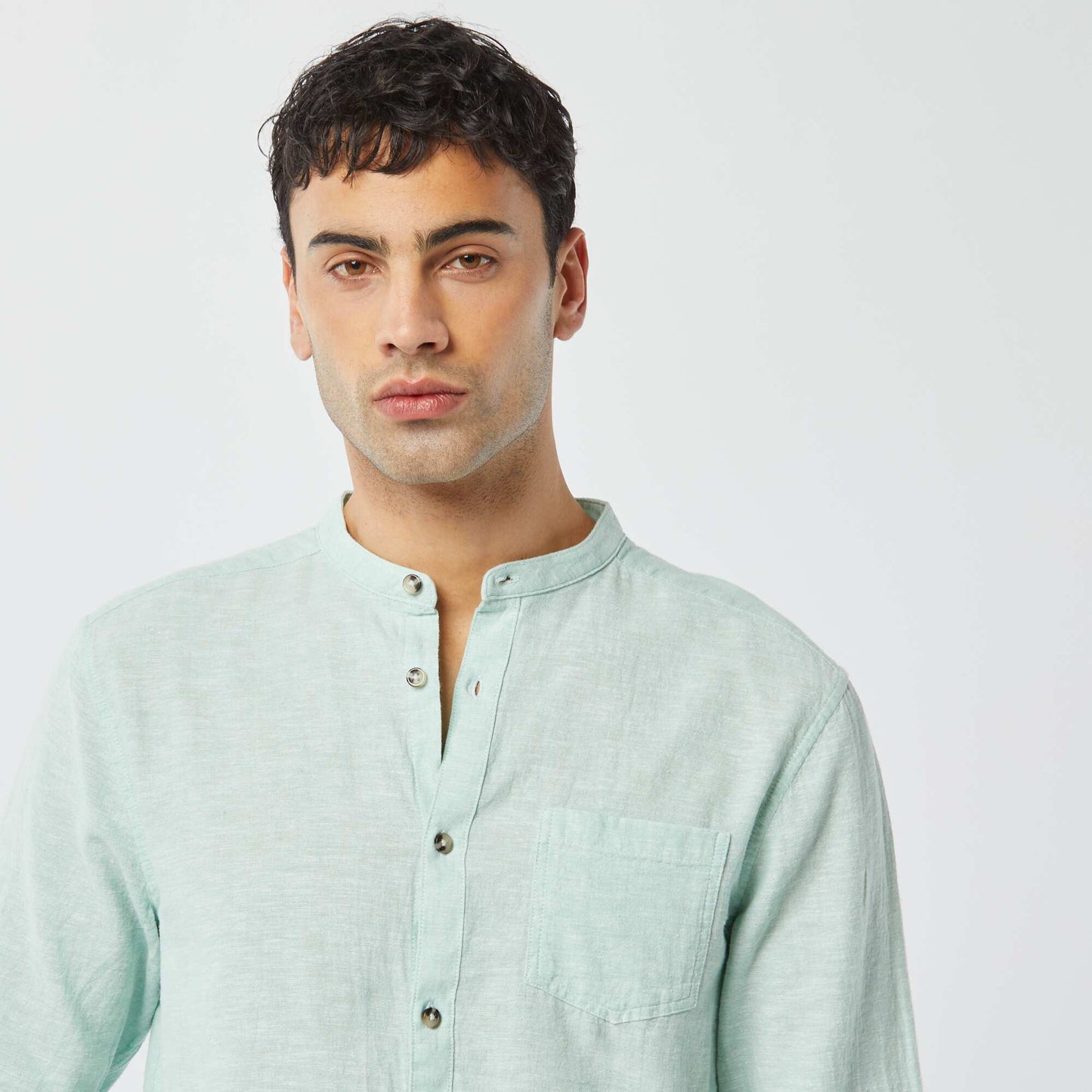 Chemise col mao avec lin BLEU CLAIR