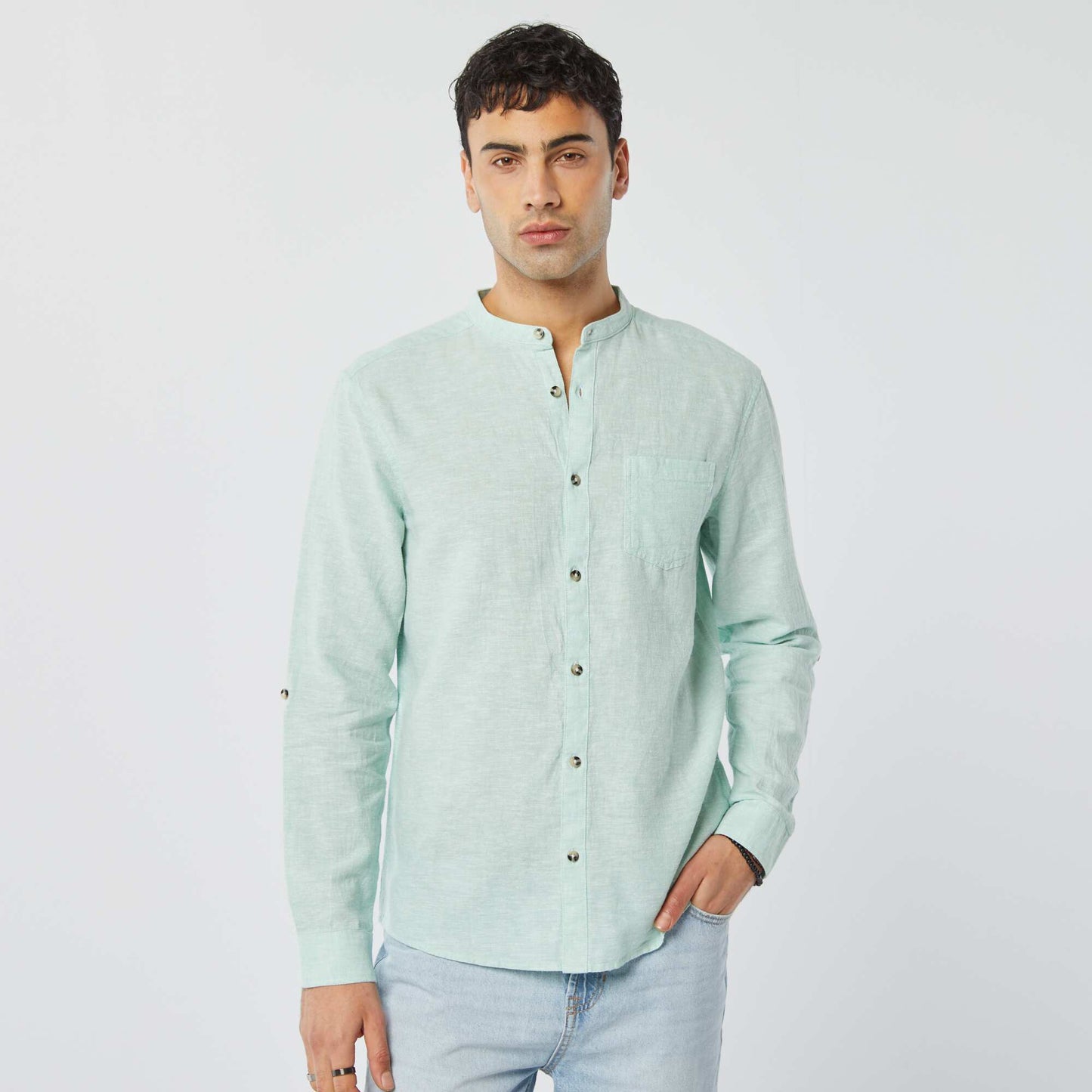 Chemise col mao avec lin BLEU CLAIR