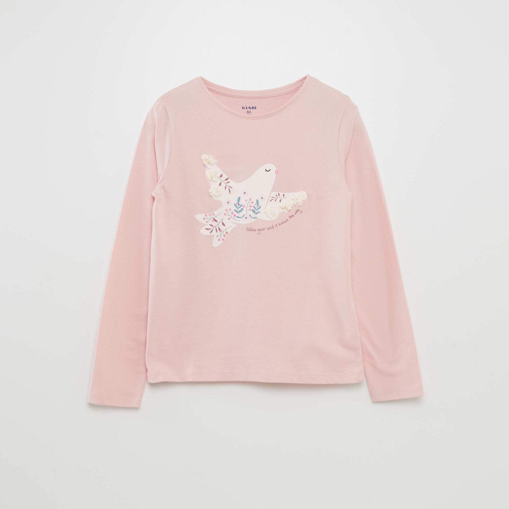 T-shirt manches longues en jersey imprimé + reliefs fantaisies Rose