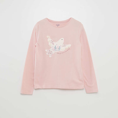 T-shirt manches longues en jersey imprimé + reliefs fantaisies Rose