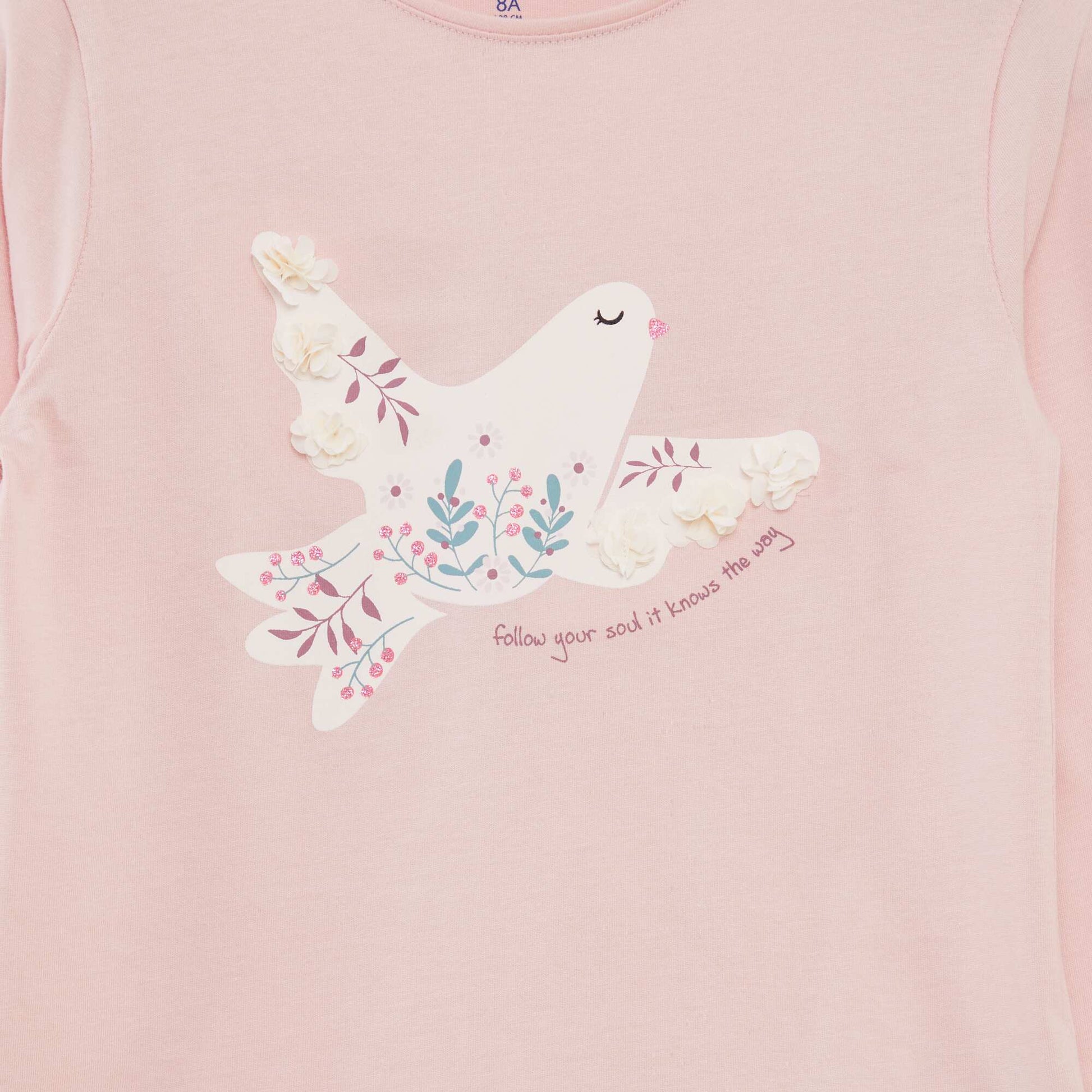 T-shirt manches longues en jersey imprimé + reliefs fantaisies Rose