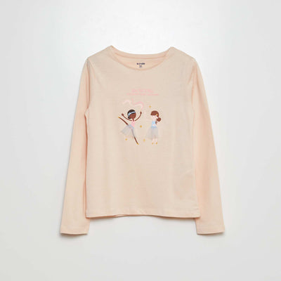 T-shirt manches longues en jersey imprimé + reliefs fantaisies ROSE