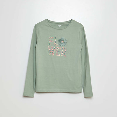 T-shirt manches longues en jersey imprimé + reliefs fantaisies Vert