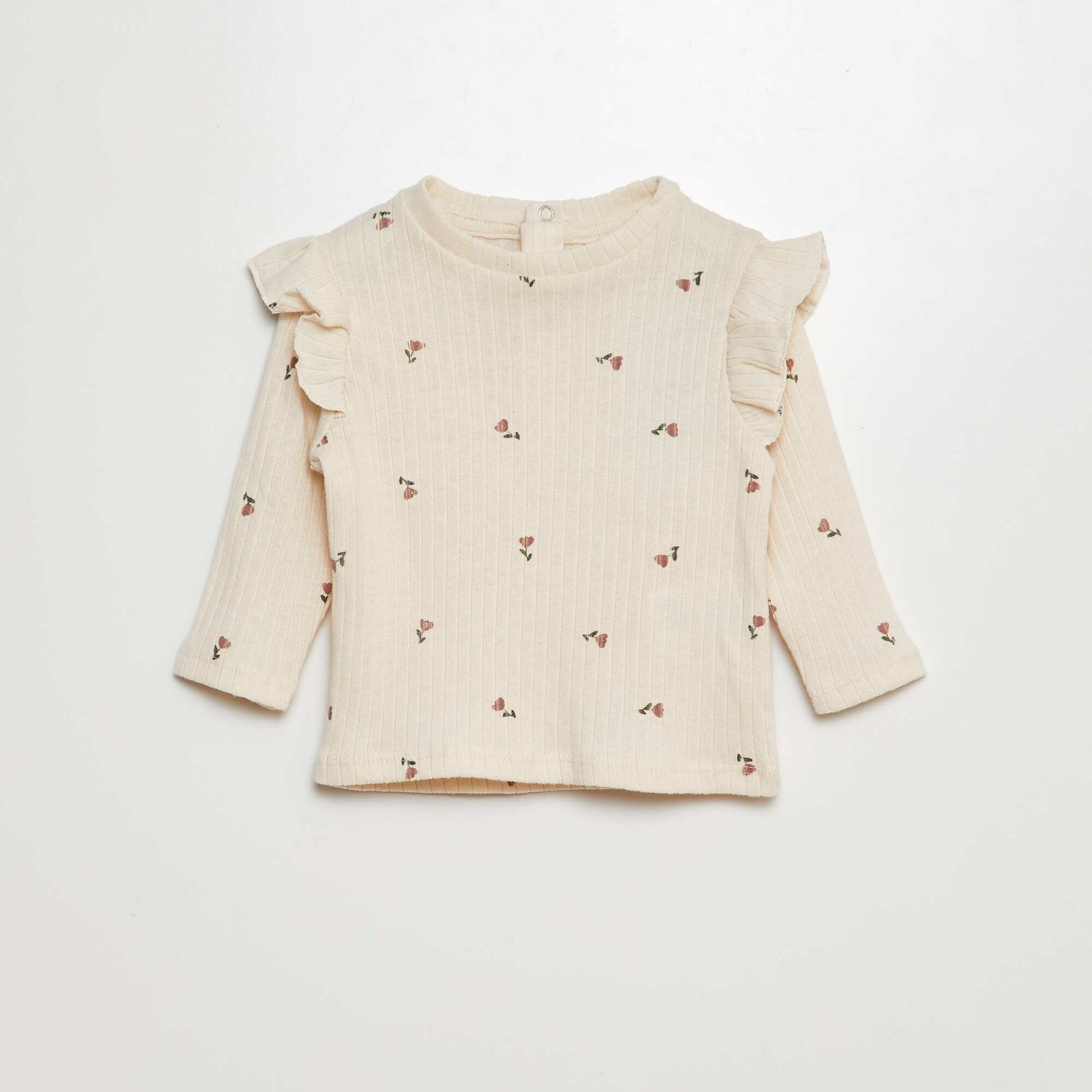 T-shirt côtelé manches longues avec volants aux emmanchures Blanc