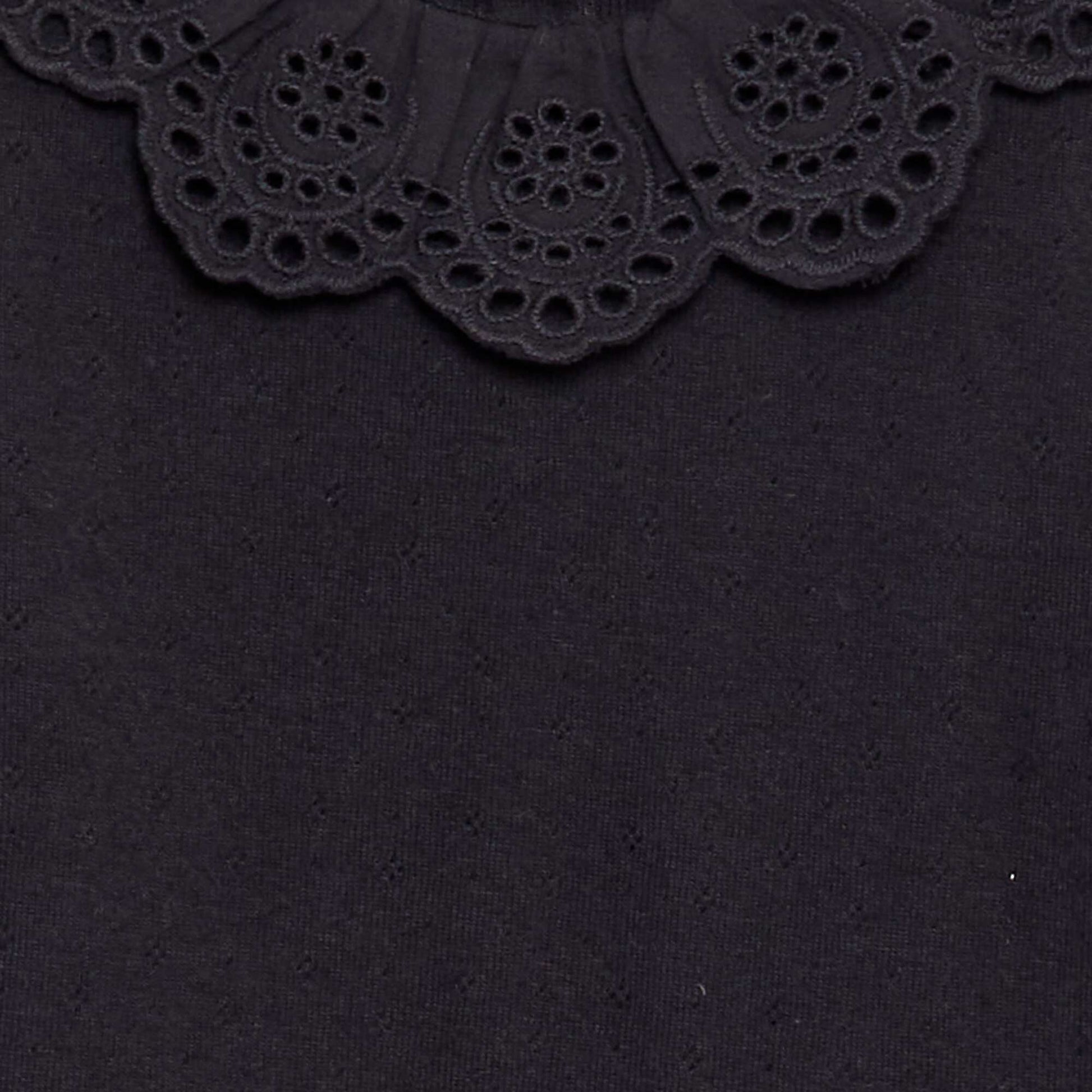 T-shirt en maille pointelle col claudine en broderie anglaise noir