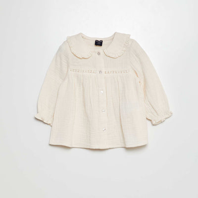 Chemise en double gaze de coton avec col claudine Blanc