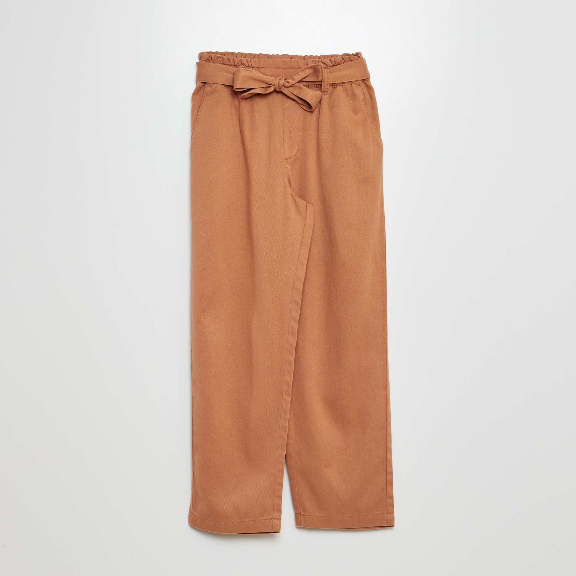 Pantalon fluide volanté avec ceinture à nouer Marron