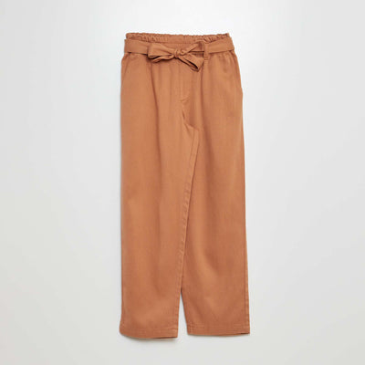 Pantalon fluide volanté avec ceinture à nouer Marron
