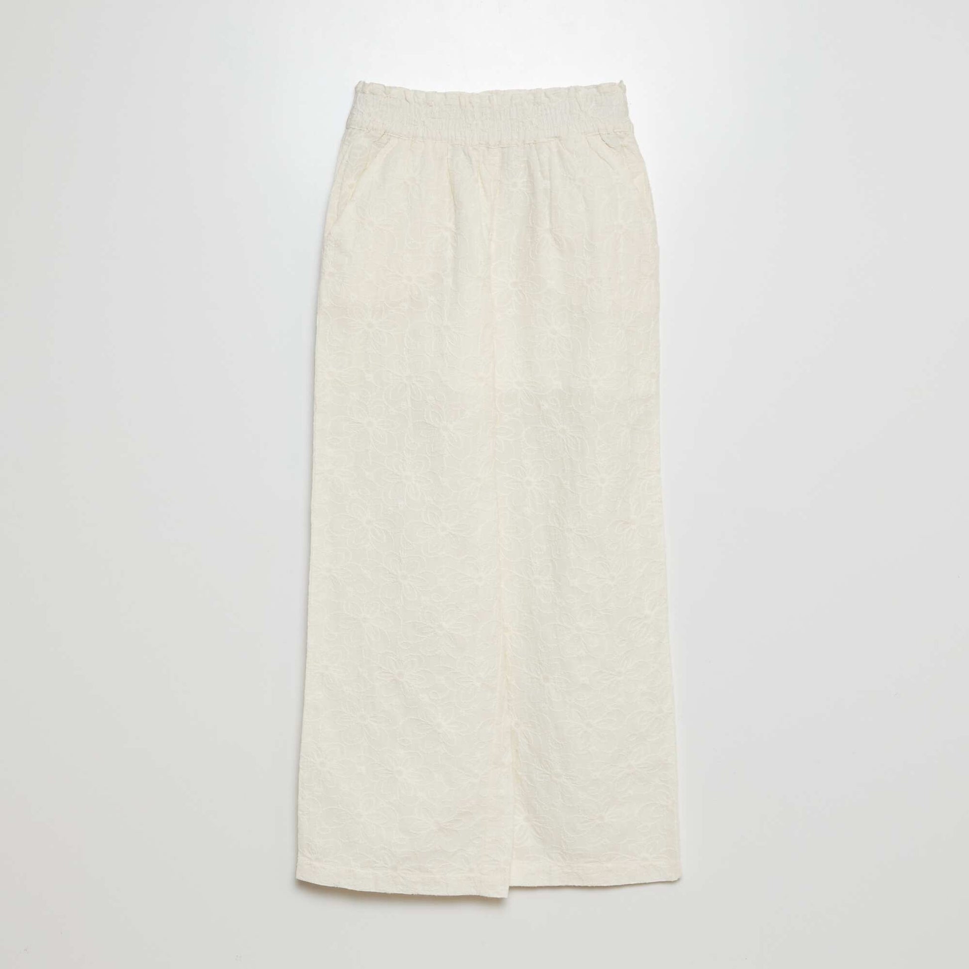 Pantalon forme paperbag avec borderies anglaises Blanc