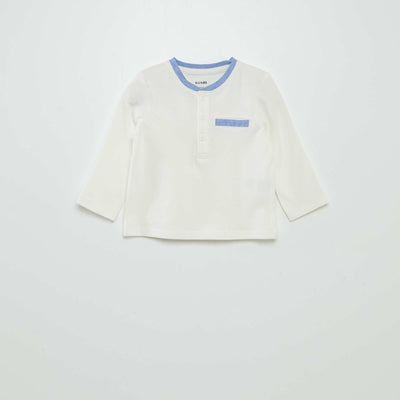 T-shirt col tunisien en piqué de coton blanc