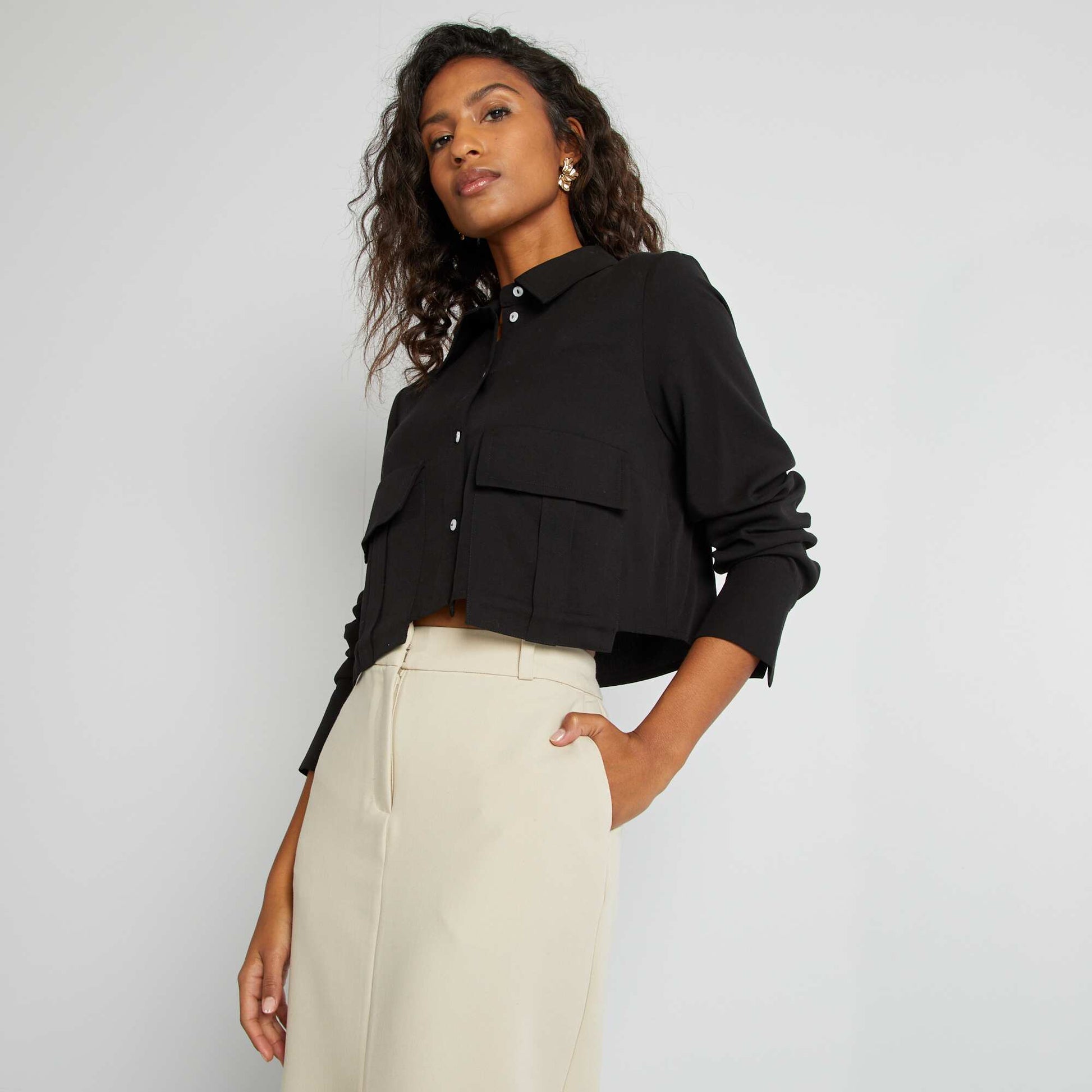 Chemise crop à manches longues noir