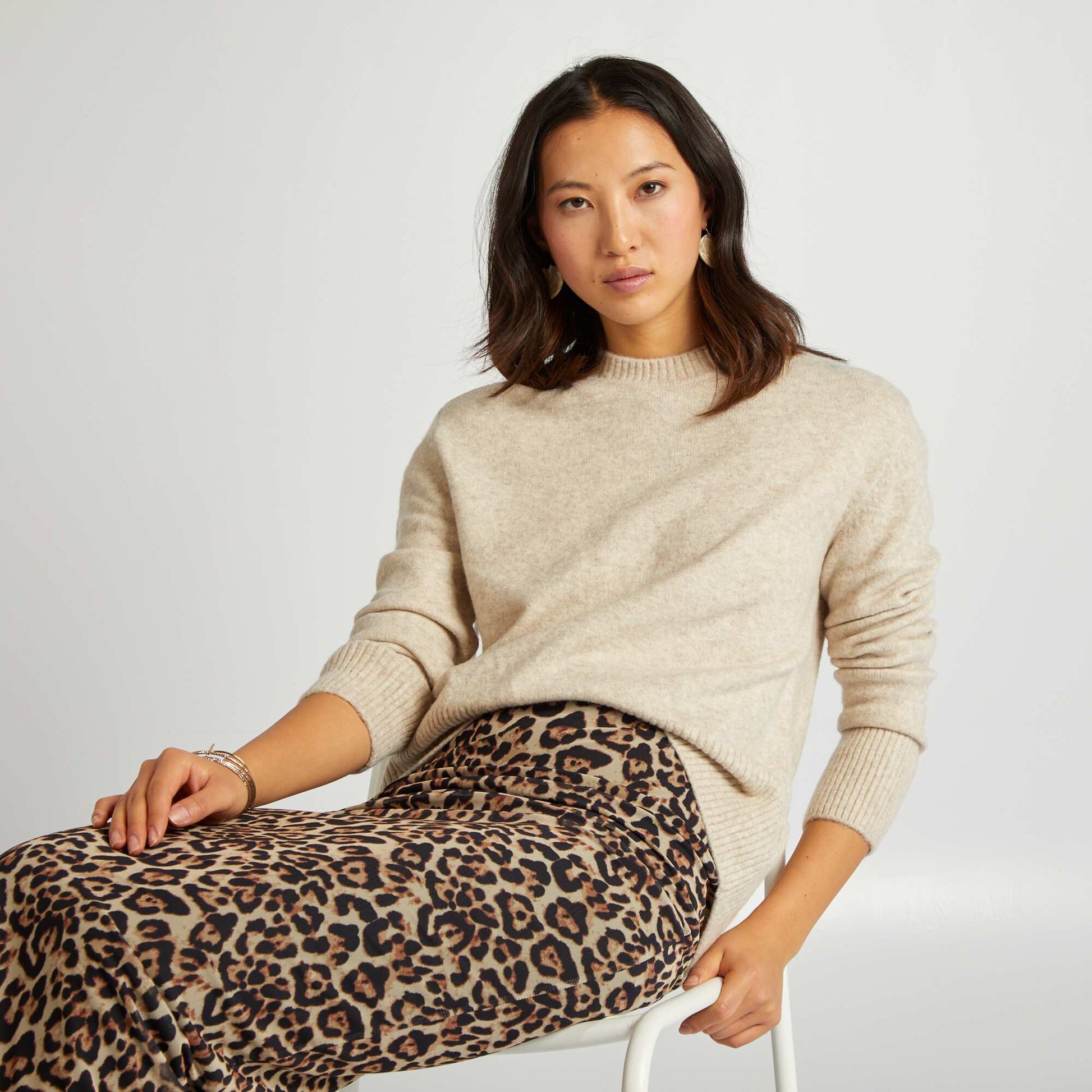 Pull long à col rond Beige