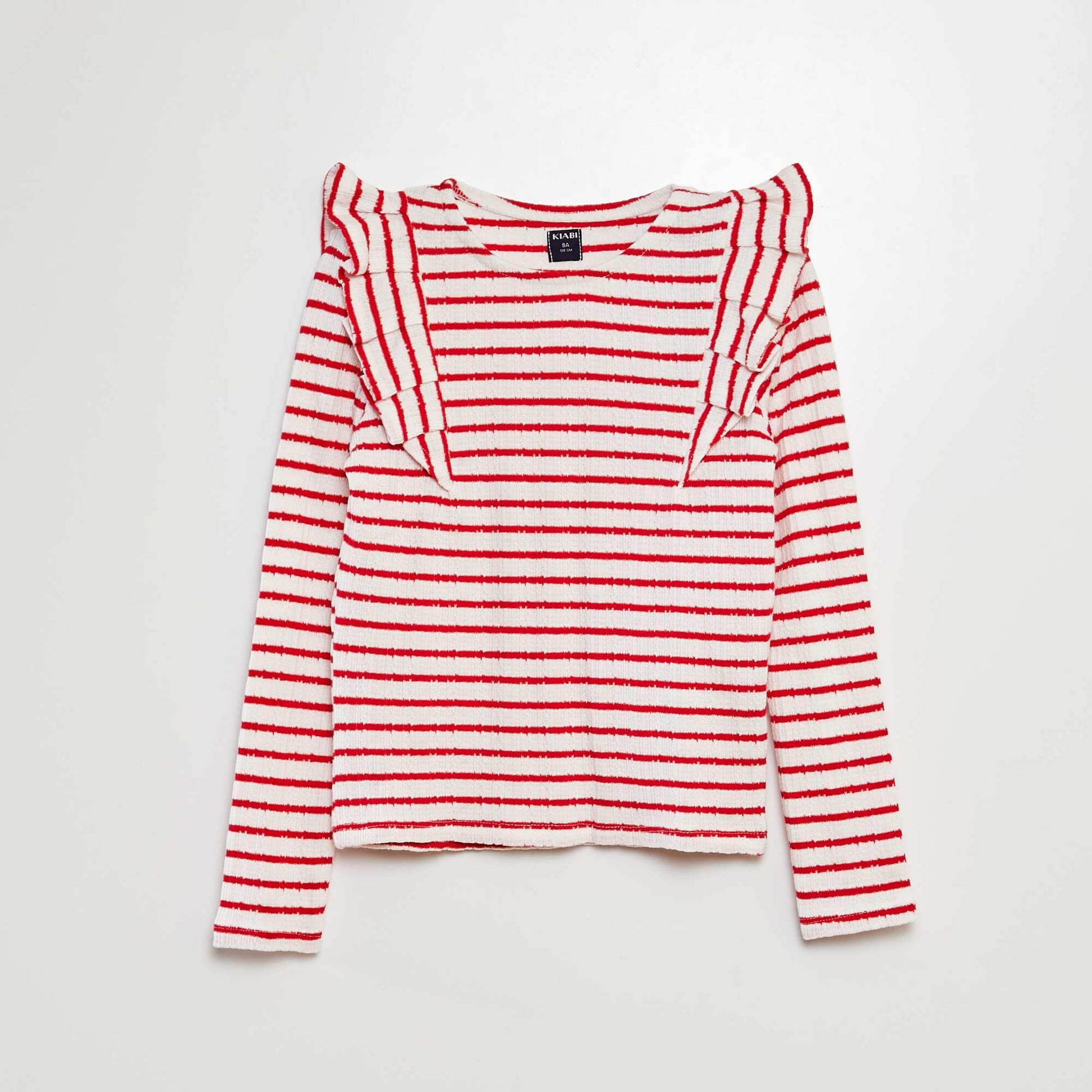 T-shirt rayé avec détails volantés ROUGE