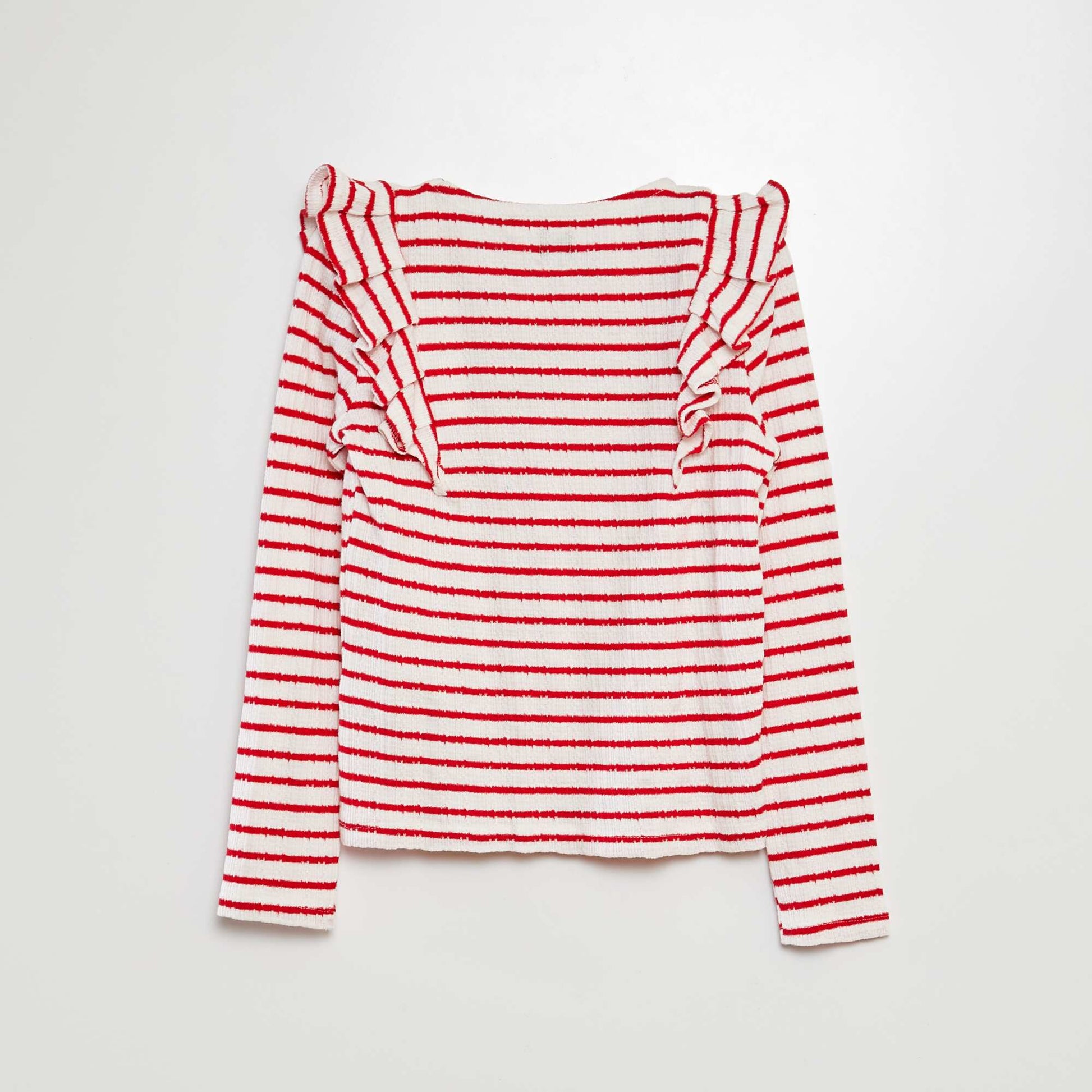 T-shirt rayé avec détails volantés ROUGE