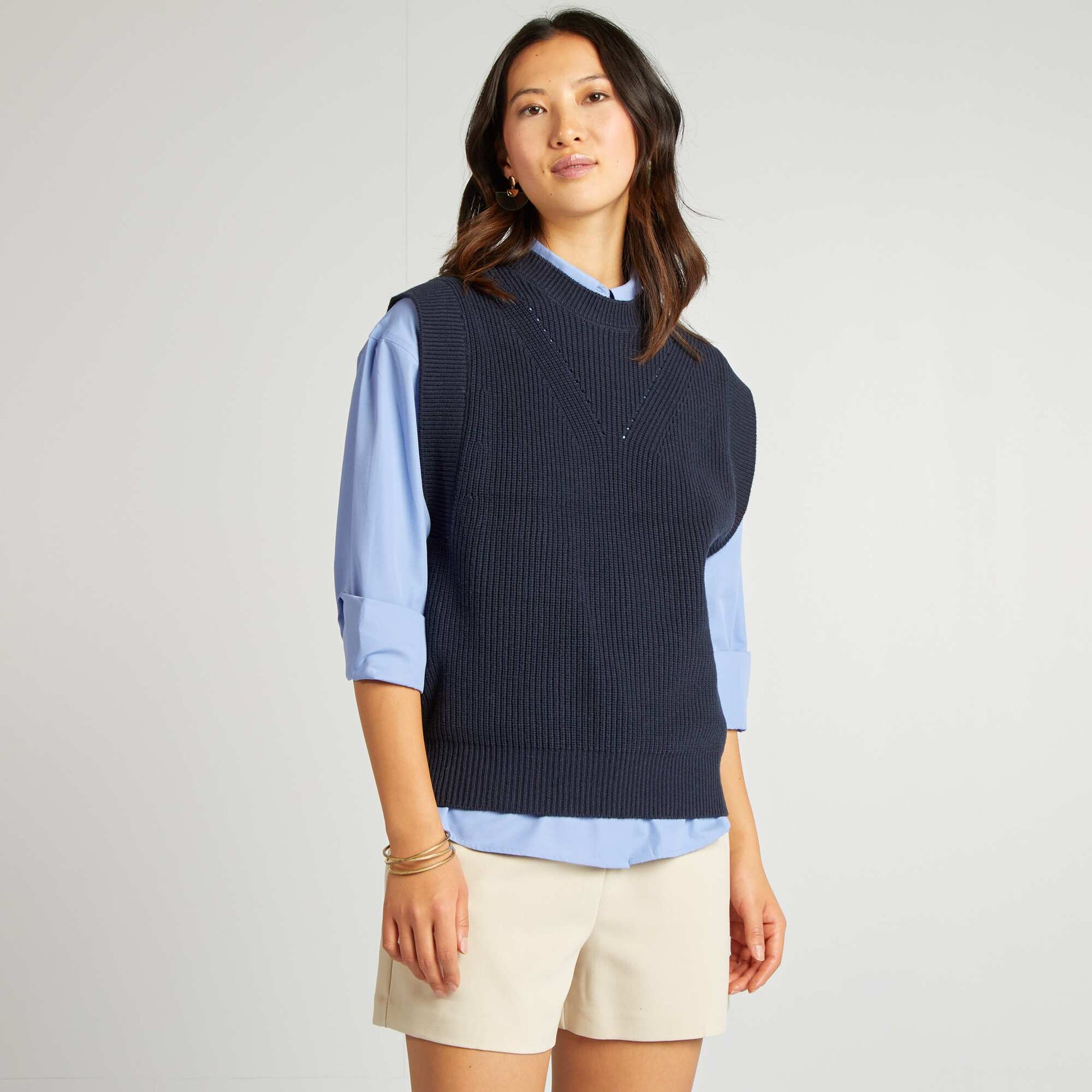 Pull sans manches col V Bleu marine