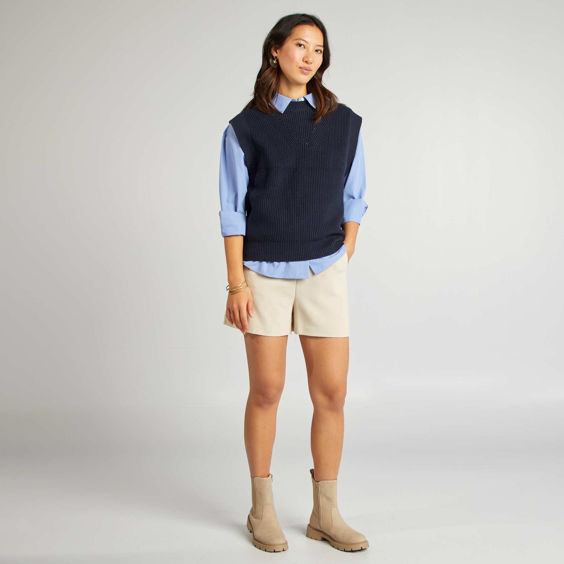 Pull sans manches col V Bleu marine