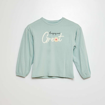 T-shirt avec broderies et fronces aux emmanchures BLEU