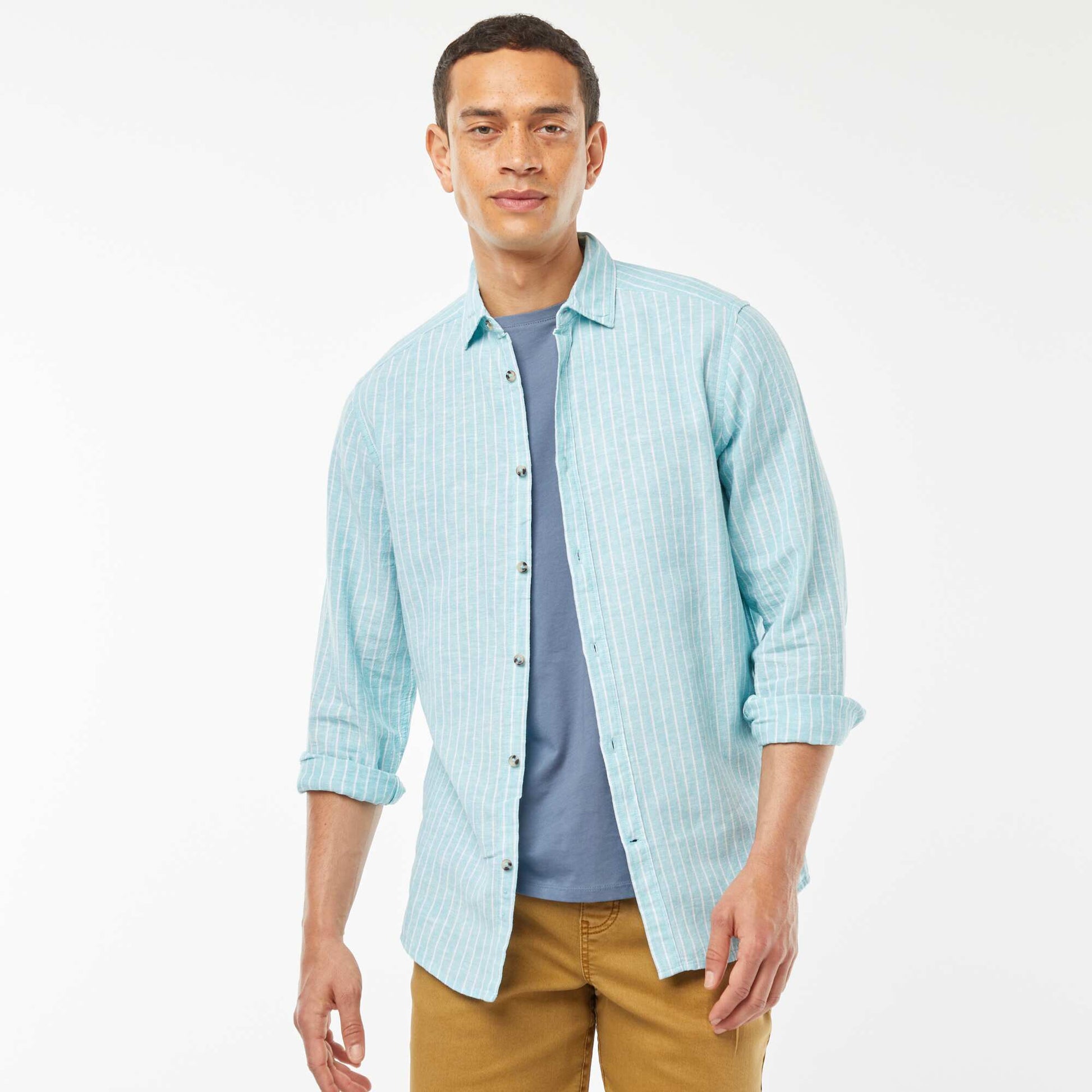 Chemise en lin mélangé rayée BLEU