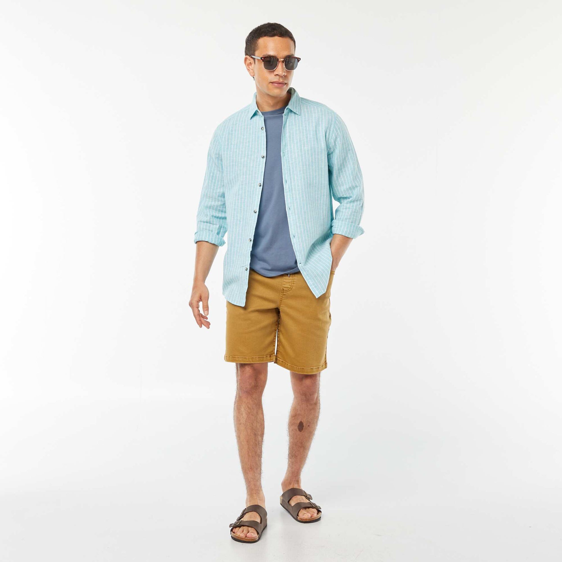 Chemise en lin mélangé rayée BLEU