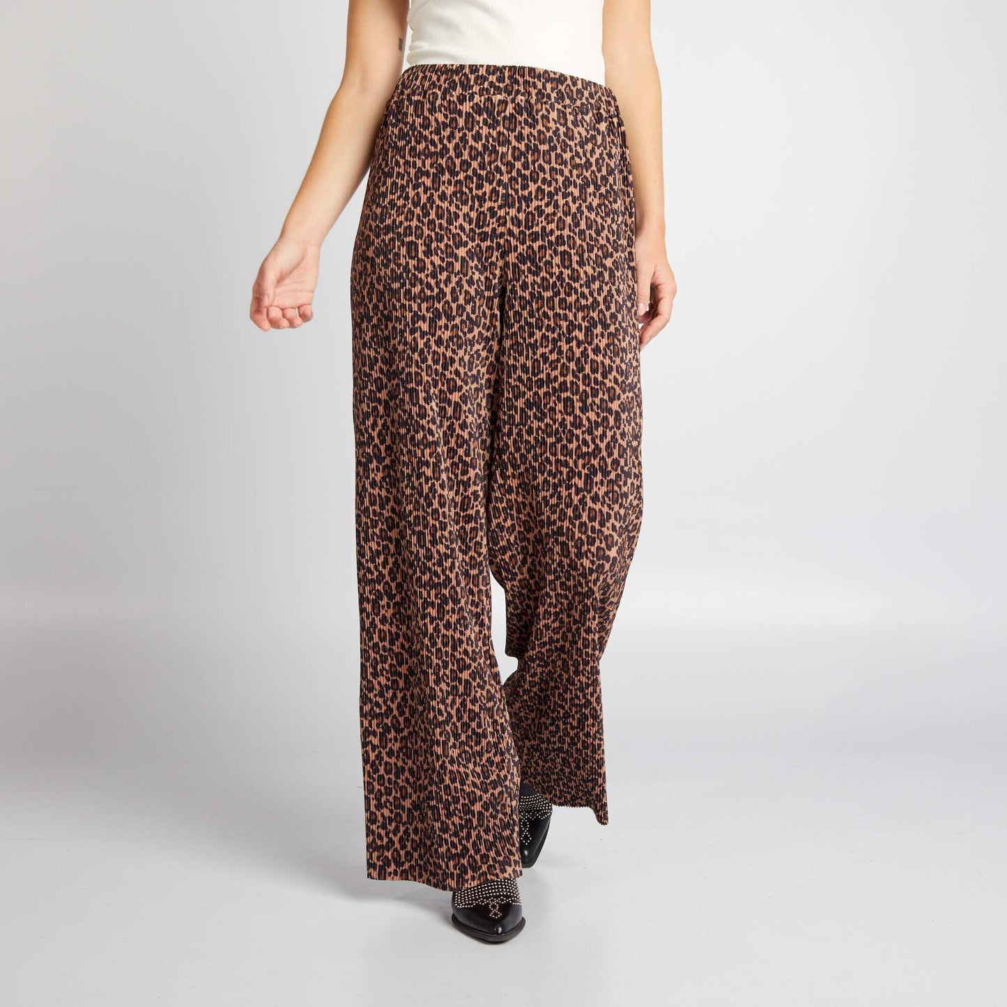 Pantalon wide leg maille plissée Léopard