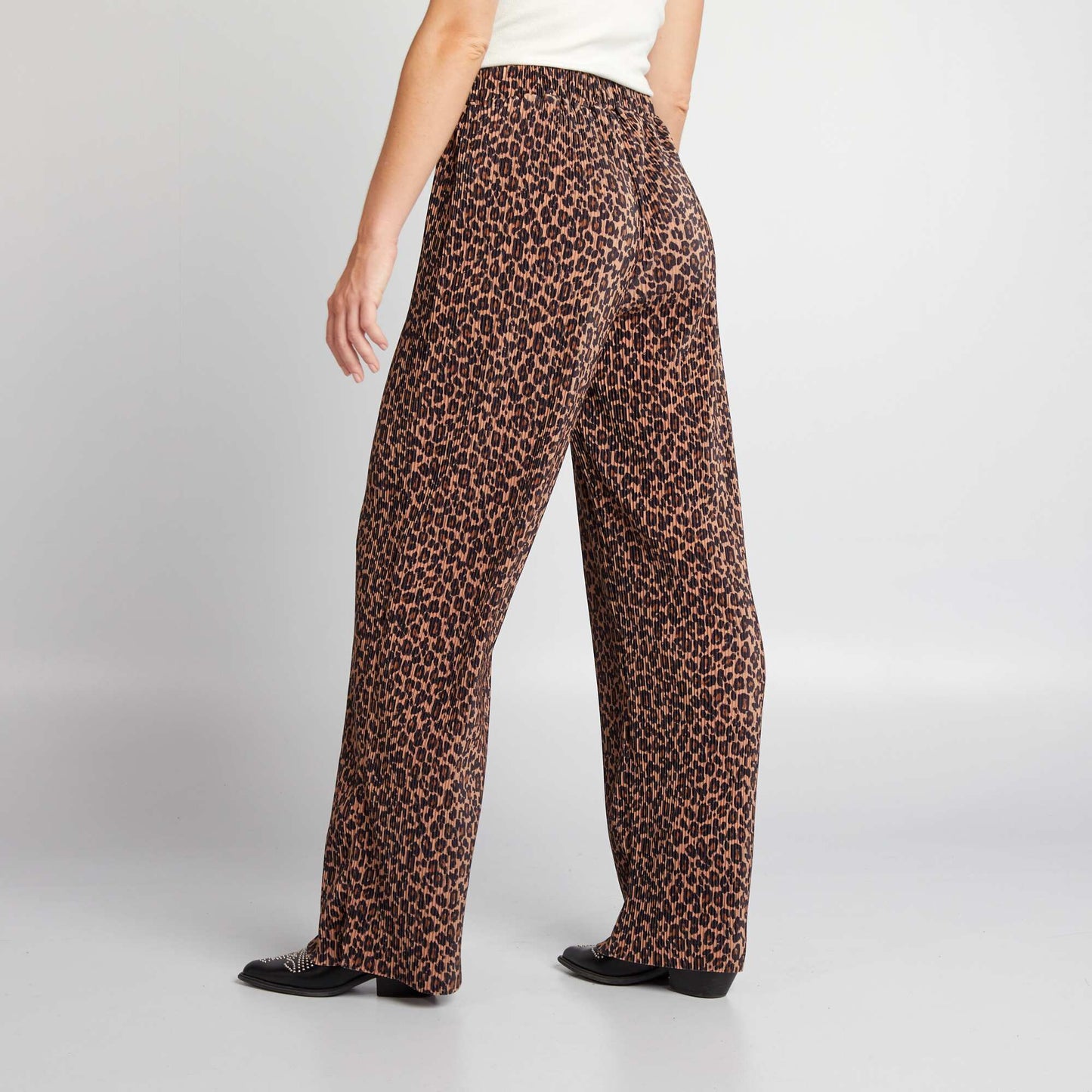 Pantalon wide leg maille plissée Léopard