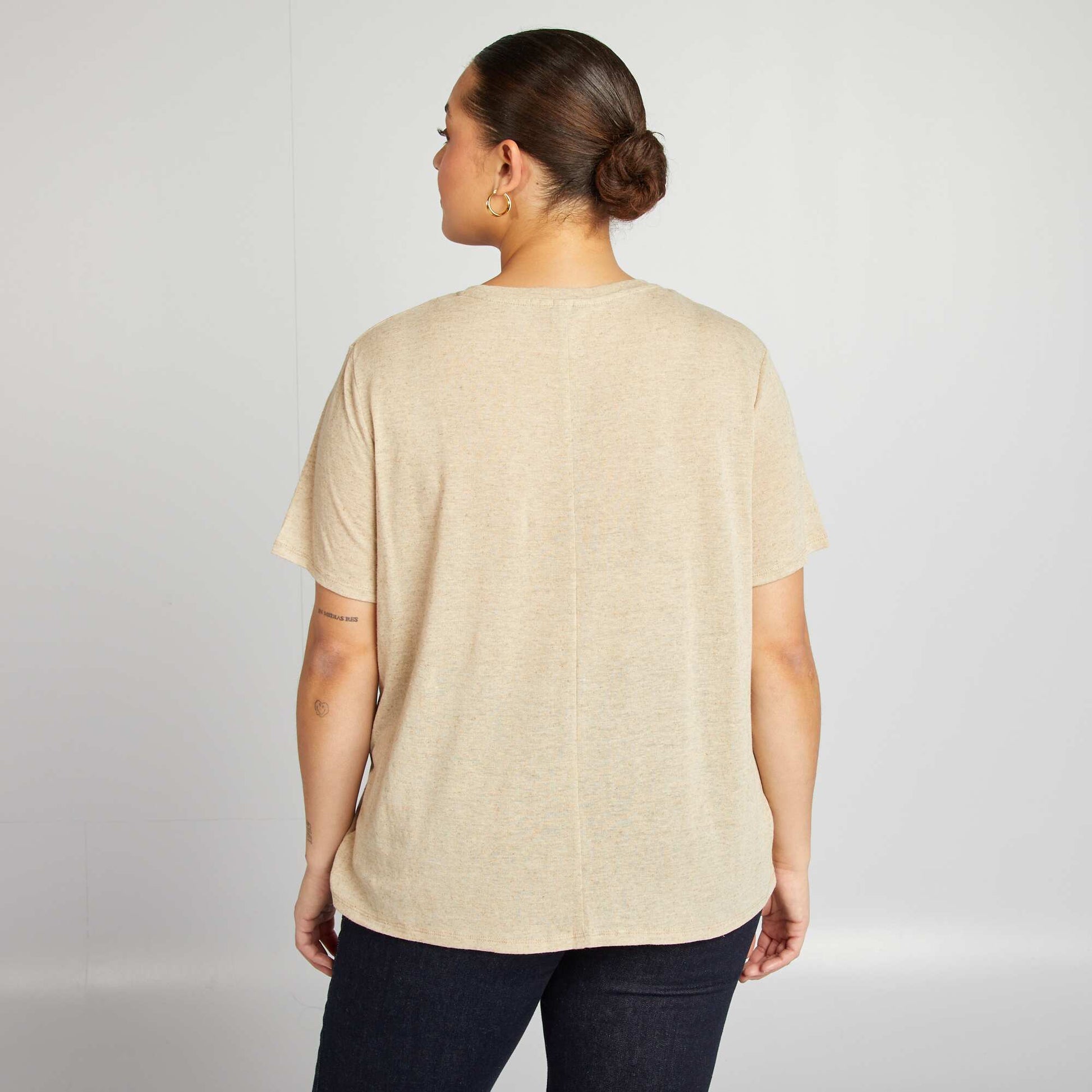 T-shirt col V en lin mélangé BLANC