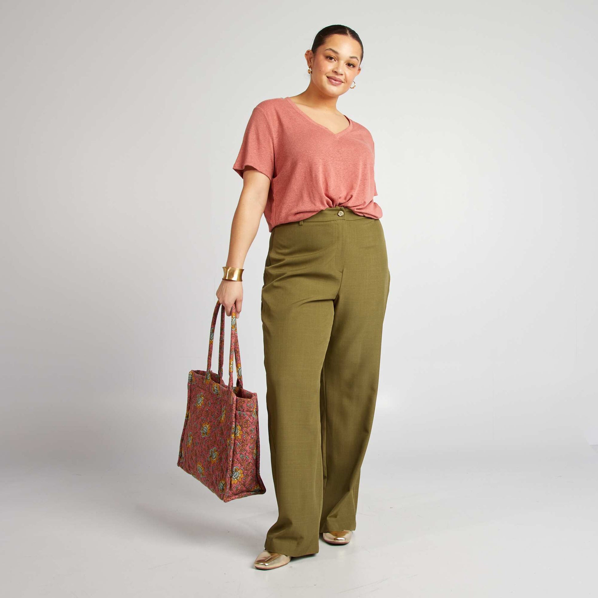 T-shirt col V en lin mélangé ROSE