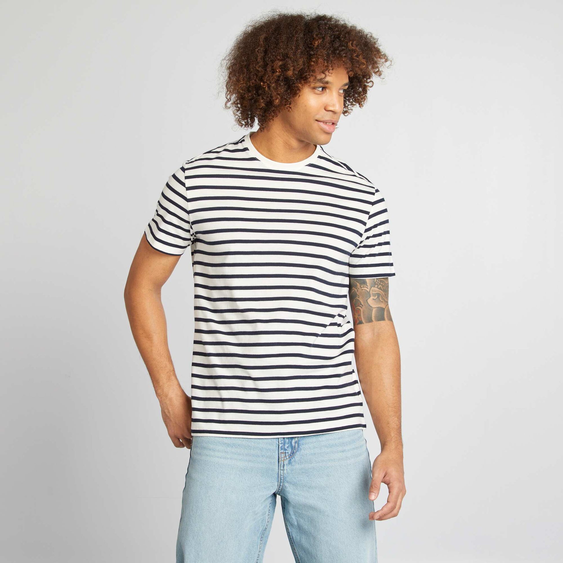 T-shirt rayé manches courtes col rond BLANC